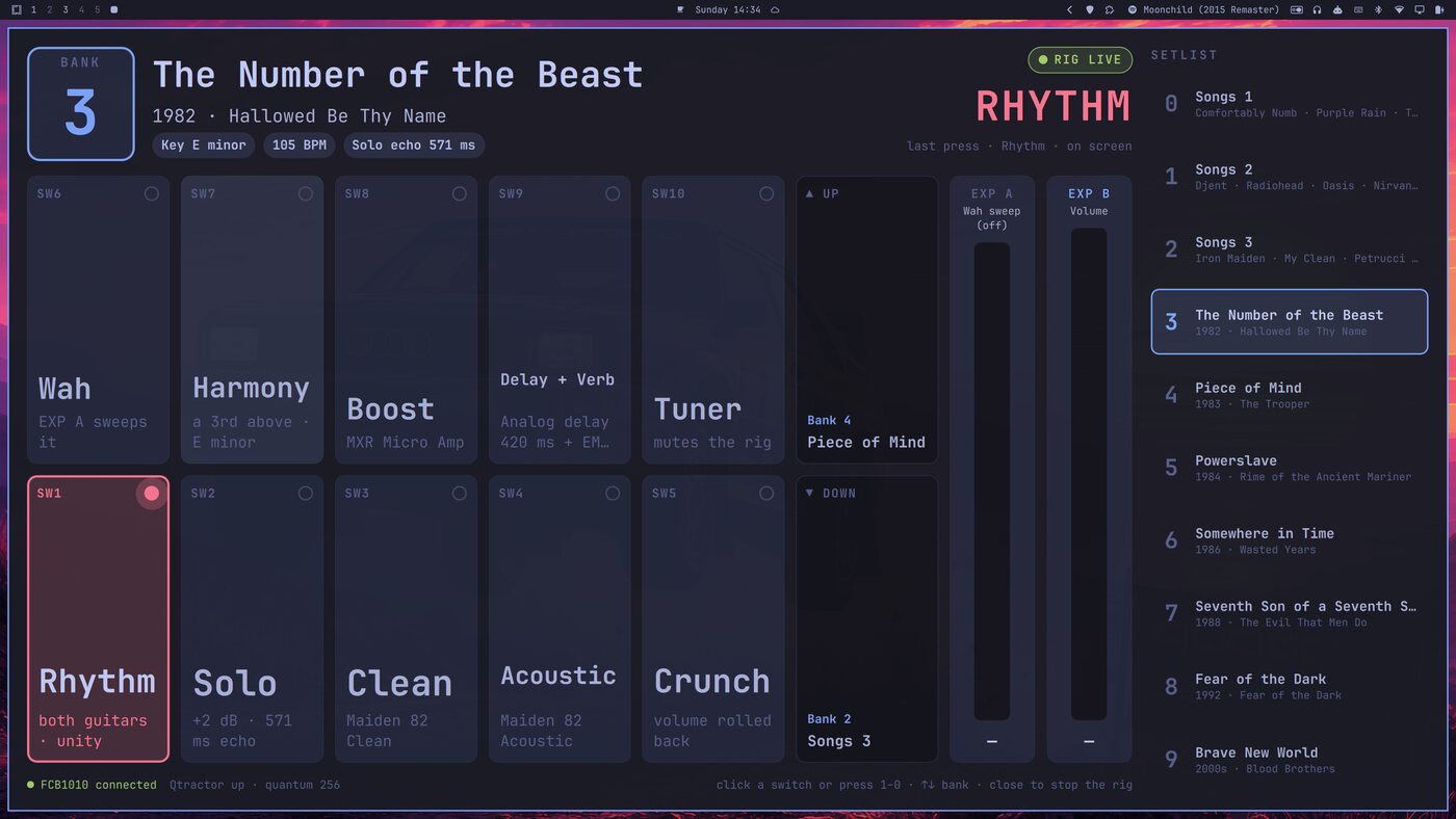 GuitarMood filling an Omarchy desktop: bank 3, The Number of the Beast, 1982, Hallowed Be Thy Name, with RHYTHM lit in red on the bottom row of footswitches, the top row of toggles, two expression-pedal bars and a setlist of all ten banks