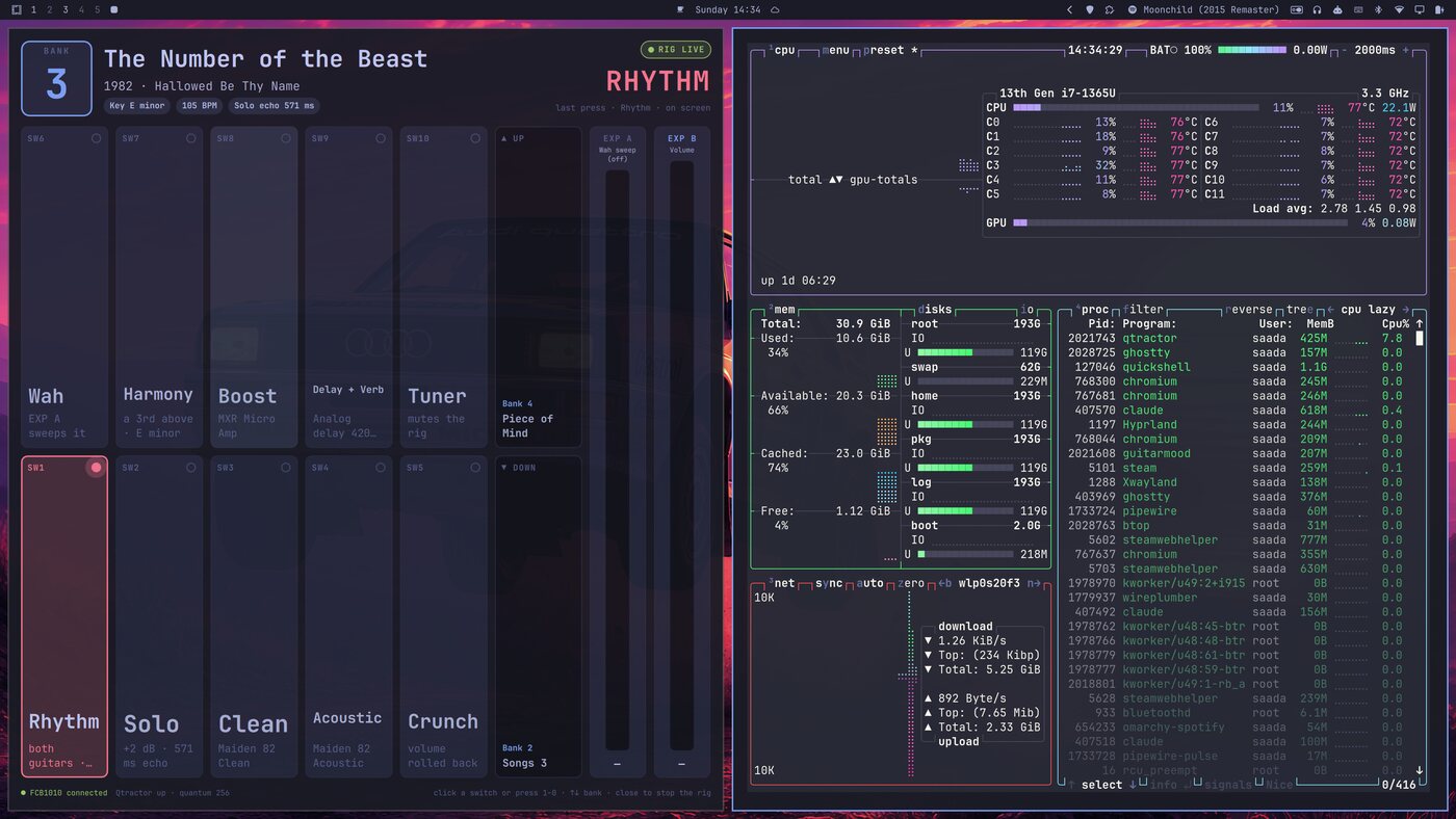 GuitarMood in the left half of the screen with the full board and setlist, btop in the right half