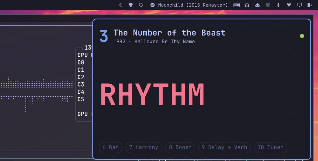 A small pinned GuitarMood panel over btop, showing bank 3, The Number of the Beast, RHYTHM in large red letters and five toggle chips, none lit